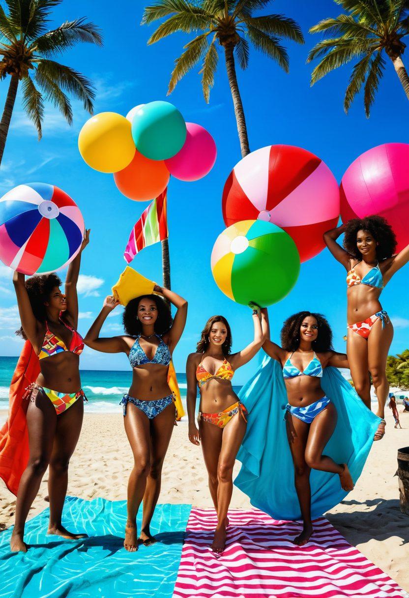A vibrant beach scene featuring models showcasing the latest bikini trends, with a variety of styles, colors, and patterns, surrounded by summer elements like palm trees, beach balls, and colorful towels. Incorporate a bright sunny sky and playful waves in the background to enhance the summer vibe. The models should represent diverse body types and ethnicities to reflect inclusivity in fashion. Bright and cheerful atmosphere. super-realistic. vibrant colors. 3D.